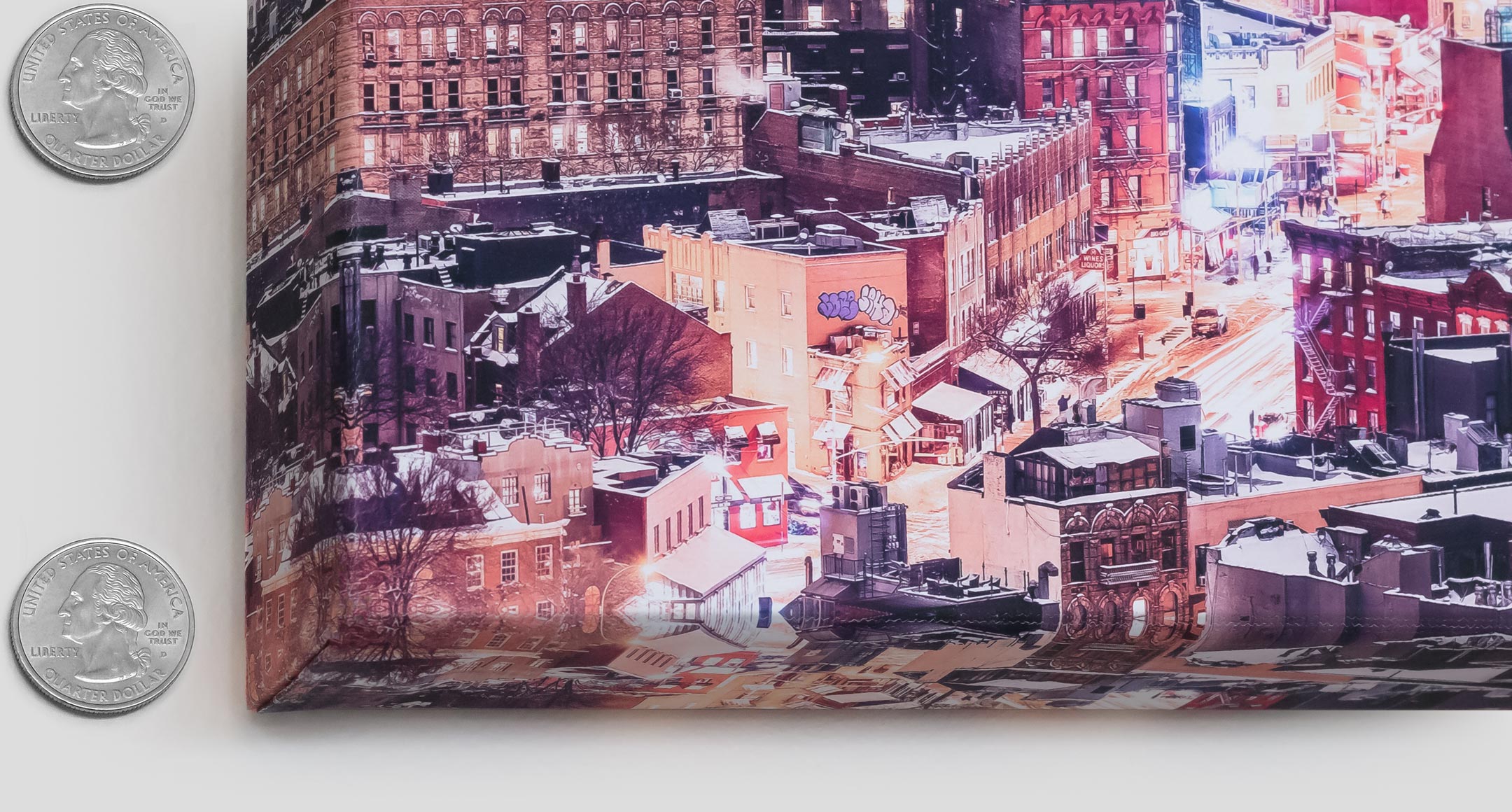 Close-up picture of the corner of a VAST photo canvas print product showing its ultra-high-resolution quality.