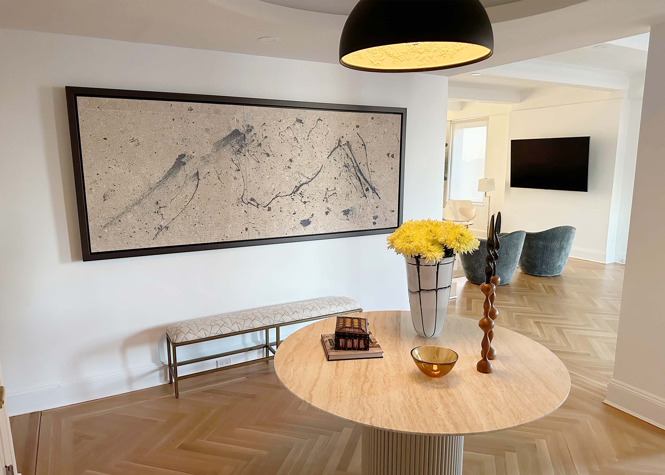 A picture of a large, framed, New York City fine art photograph hanging on a wall.