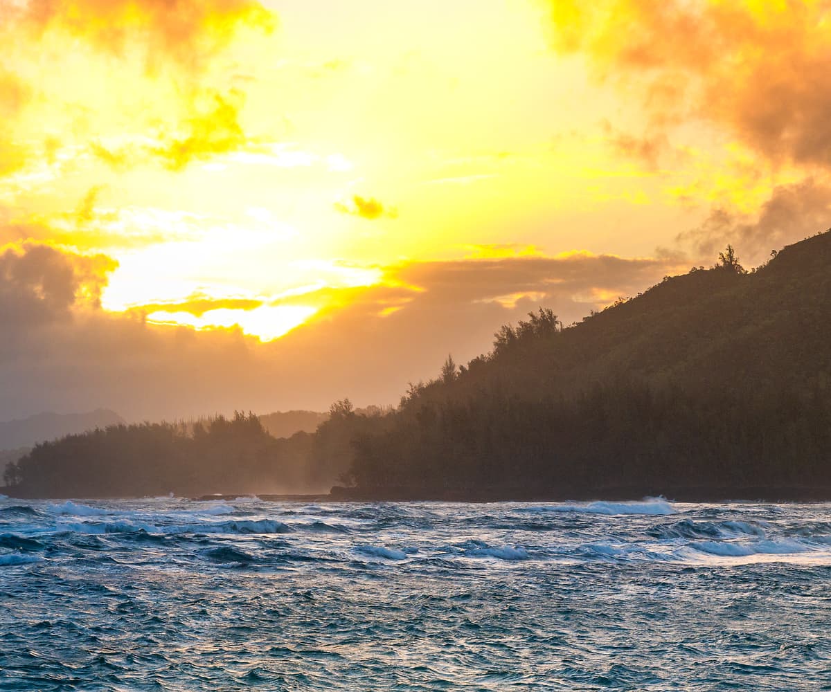357 megapixels! A very high resolution, large-format VAST photo print of sunrise over a beach on the North Shore of Kauai, Hawaii; seascape photograph created by Justin Katz in Hanalei, Kauai, Hawaii.