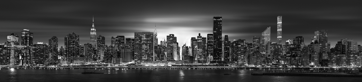 6,410 megapixels! A very high resolution, large-format VAST photo print of the NYC skyline at night with the East River; cityscape photo created by Dan Piech.