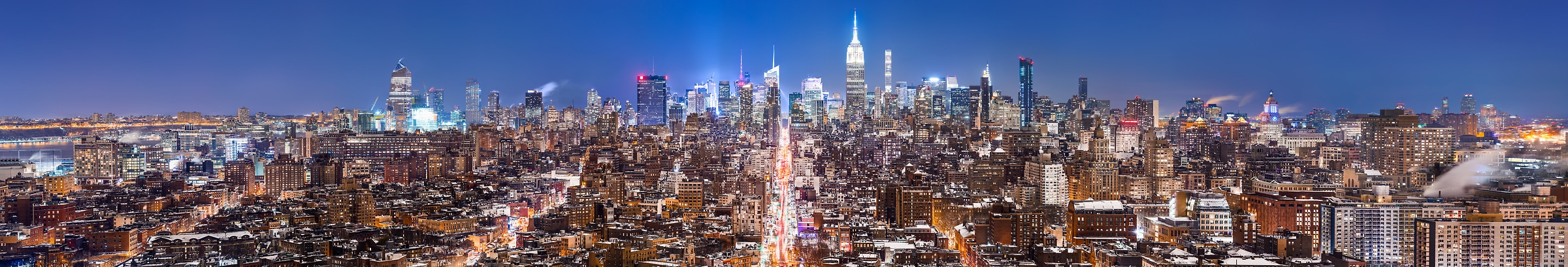 4,636 megapixels! A very high definition, large-format VAST photo print of the NYC skyline in winter snow at night; cityscape fine art photo created by Dan Piech in New York City.