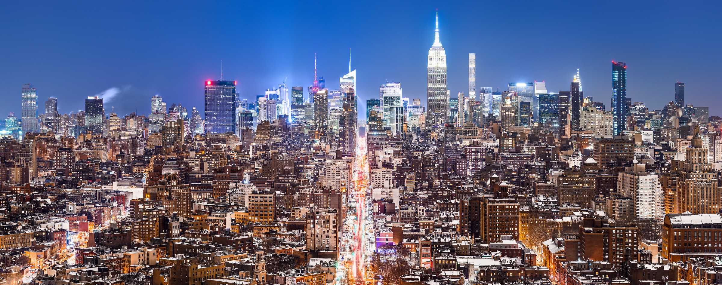 2,002 megapixels! A very high resolution, large-format VAST photo print of the NYC skyline in winter snow at night; cityscape fine art photo created by Dan Piech in New York City.
