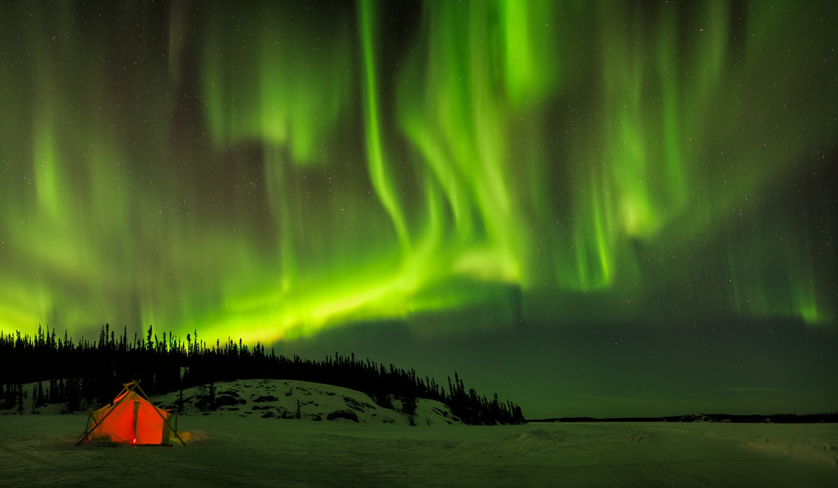 121 megapixels! A very high resolution, large-format VAST photo of a tent camping under the Aurora Borealis Northern Lights; fine art landscape photo created by Scott Dimond at Walsh Lake in the Northwest Territories of Canada.