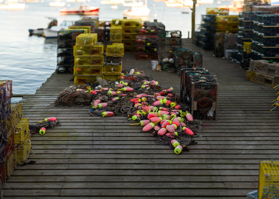 632 megapixels! A very high resolution, large-format VAST photo of a New England harbor pier with fishing equipment, lobster traps, fishing nets, buoys, and boats; fine art photograph created by Aaron Priest in Bernard, Maine.