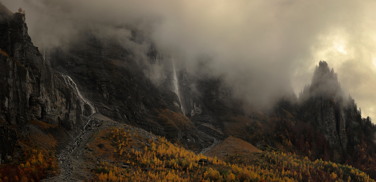 459 megapixels! A very high resolution, large-format VAST photo of a moody landscape scene with dark clouds; fine art print created by Alexandre Deschaumes in Sixt fer à cheval, France.