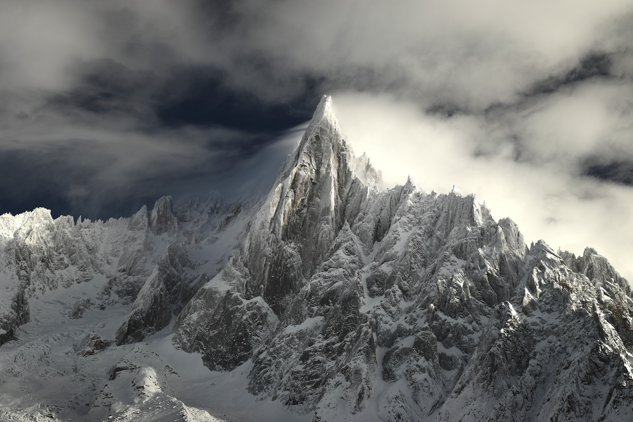 296 megapixels! A very high resolution, large-format VAST photo of Aiguille du Dru (Les Dru), a snow covered mountain in the French Alps; fine art mountain landscape photograph created by Alexandre Deschaumes in Signal Forbes, Chamonix Mont Blanc, France.