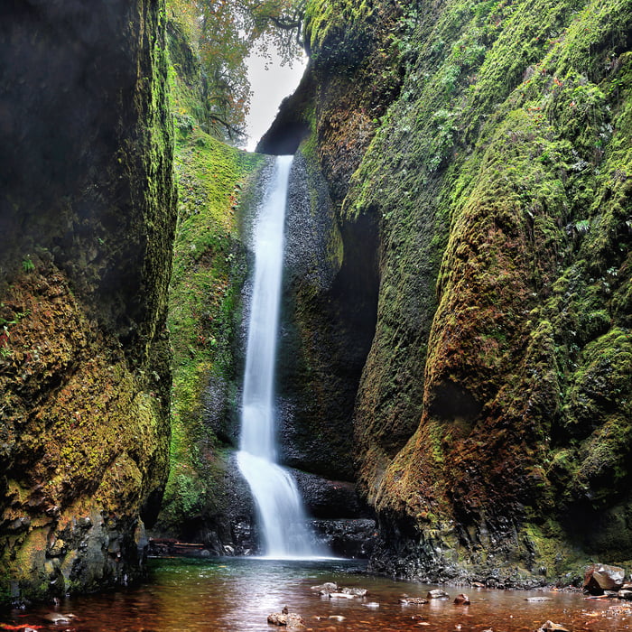 233 megapixels! A very high resolution nature photo of a waterfall with moss in the woods; VAST photo created by Phil Crawshay in Oneonta Gorge, Portland, Oregon.