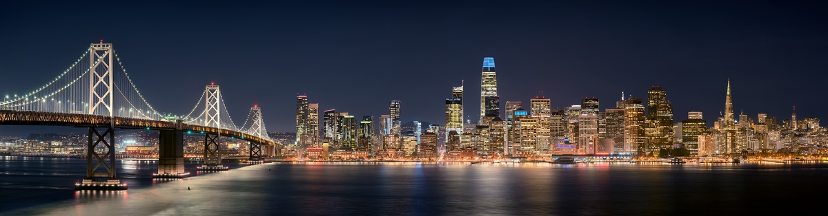 686 megapixels! A very high resolution, large-format VAST photo print of the San Francisco skyline and the Bay Bridge at night; cityscape photograph created by Jim Tarpo in Yerba Buena Island and Treasure Island, San Francisco, California.
