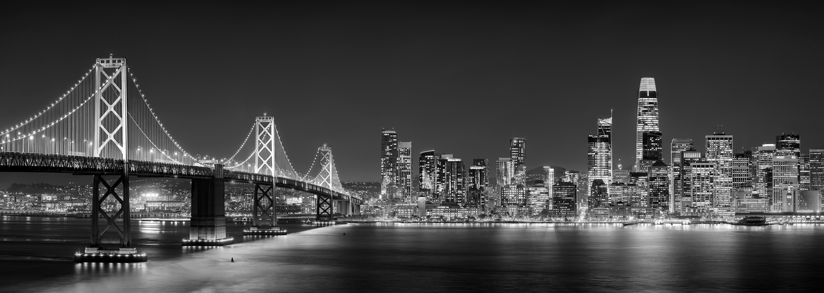 480 megapixels! A very high resolution, large-format VAST photo print of the San Francisco skyline and Bay Bridge at night; black & white cityscape skyline photograph created by Jim Tarpo in Yerba Buena Island and Treasure Island, San Francisco, California.