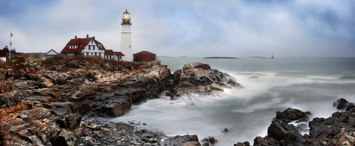 521 megapixels! A very high resolution, large-format VAST photo print of a lighthouse with the ocean and rocks; photograph created by Phil Crawshay in Portland Head Lighthouse, Portland, Maine.