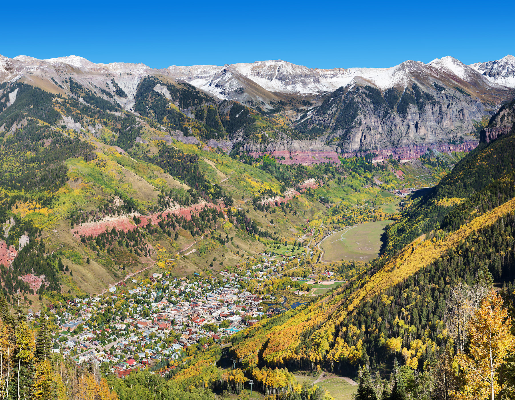 173 megapixels! A very high resolution, large-format VAST photo print of Telluride from a mountaintop looking down into the valley; landscape photograph created by Jim Tarpo in Telluride, Colorado.