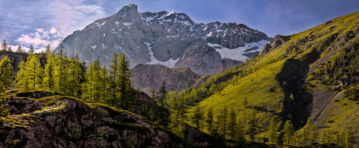 1,346 megapixels! A very high resolution, large-format VAST photo print of a mountain and green hills during daytime; landscape photograph created by Duilio Fiorille in Pian della Mussa, Balme, Piedmont, Italy.
