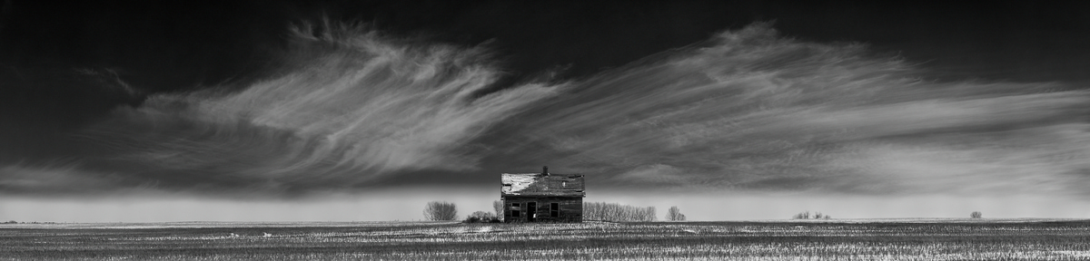 1,647 megapixels! A very high resolution, black and white VAST photo print of an abandoned house on a prairie with snow; landscape photograph created by Scott Dimond in Wheatland County, Alberta, Canada.