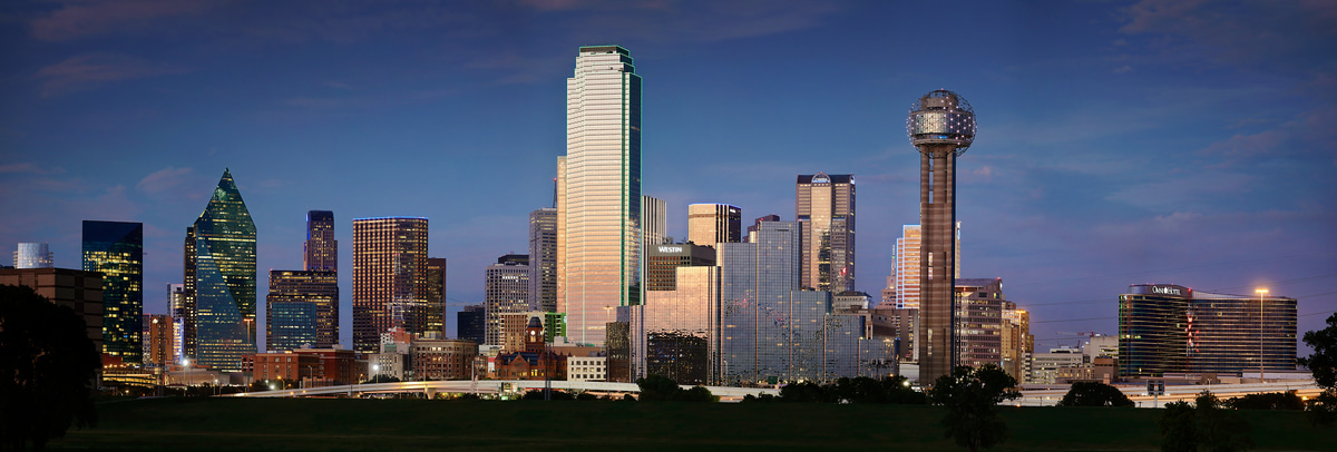 382 megapixels! A very high resolution, large-format VAST photo print of the Dallas, Texas skyline at dusk; panorama photograph created by Phil Crawshay in Dallas, Texas.