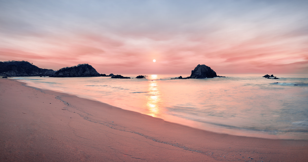 434 megapixels! A very high resolution, large-format VAST photo print of sunrise on a beach; landscape photograph created by Scott Dimond in Huatulco, Oaxaca, Mexico.