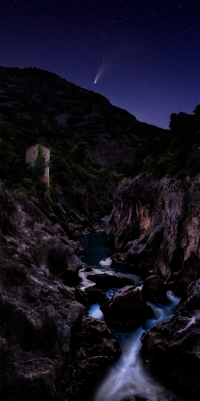 99 megapixels! A very high resolution, large-format VAST photo print of a comet over a stream; astrophotograph created by David Meaux in Gorges de l'Hérault, Saint-Jean-de-Fos, l'Hérault, France.