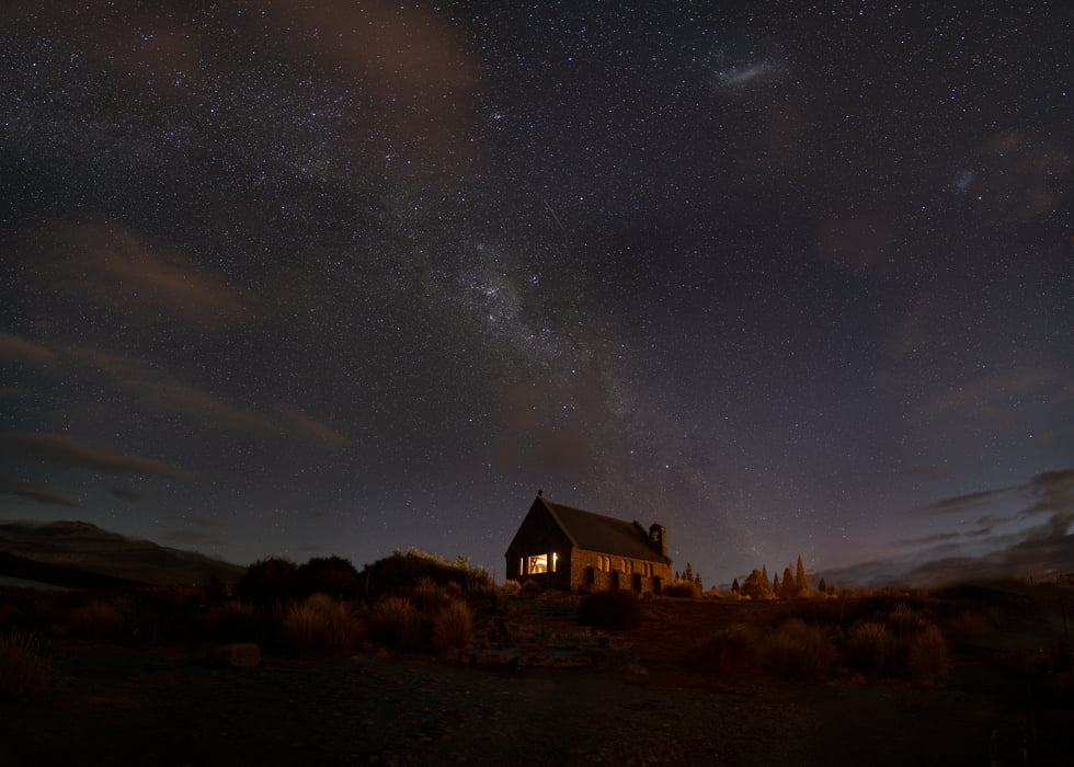 247 megapixels! A very high resolution, large-format VAST photo print of a church under a starry night sky; astrophotograph created by John Freeman in Lake Tekapo, South Island, New Zealand.