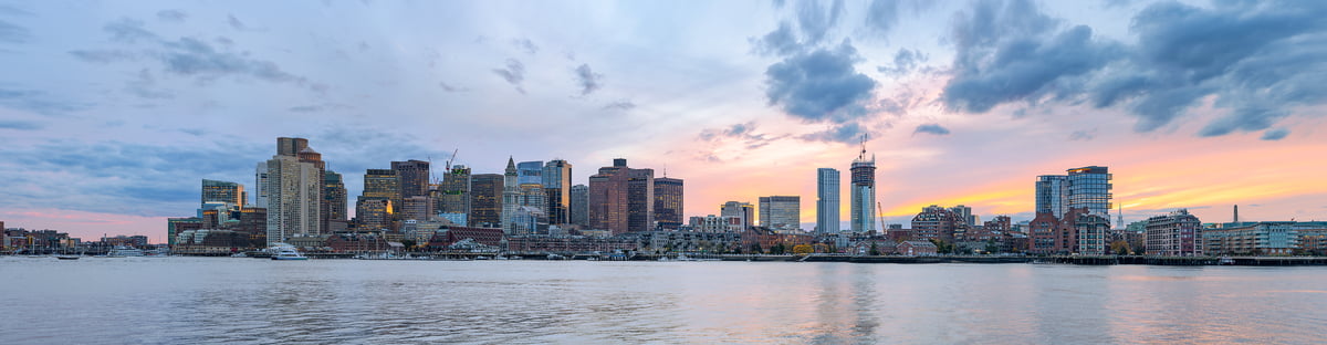 1,014 megapixels! A very high resolution, large-format VAST photo print of the Boston skyline at sunset; cityscape photograph created by Chris Blake in Boston, Massachusetts.
