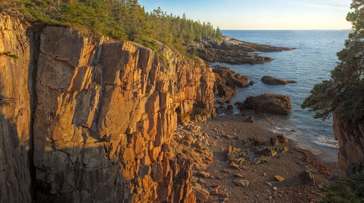 2,288 megapixels! A very high resolution, large-format VAST photo print of the Maine coastline at sunset; landscape photograph created by John Freeman in Acadia National Park, Winter Harbor, Maine.