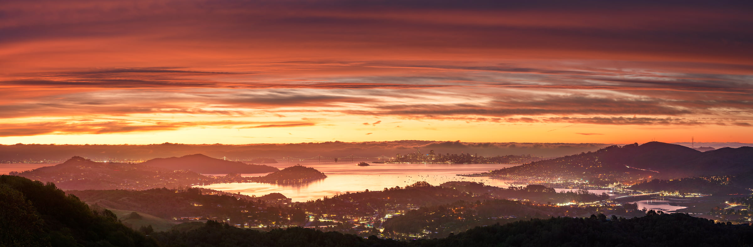 239 megapixels! A very high resolution, large-format VAST photo print of San Francisco Bay at sunset with the San Francisco skyline and the Bay Bridge; landscape photograph created by Jeff Lewis in Marin County, California.