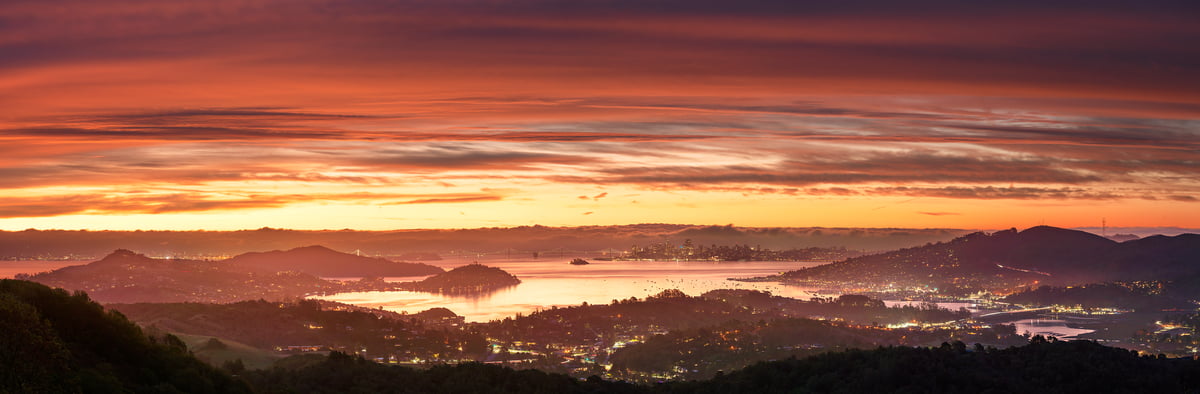 239 megapixels! A very high resolution, large-format VAST photo print of San Francisco Bay at sunset with the San Francisco skyline and the Bay Bridge; landscape photograph created by Jeff Lewis in Marin County, California.