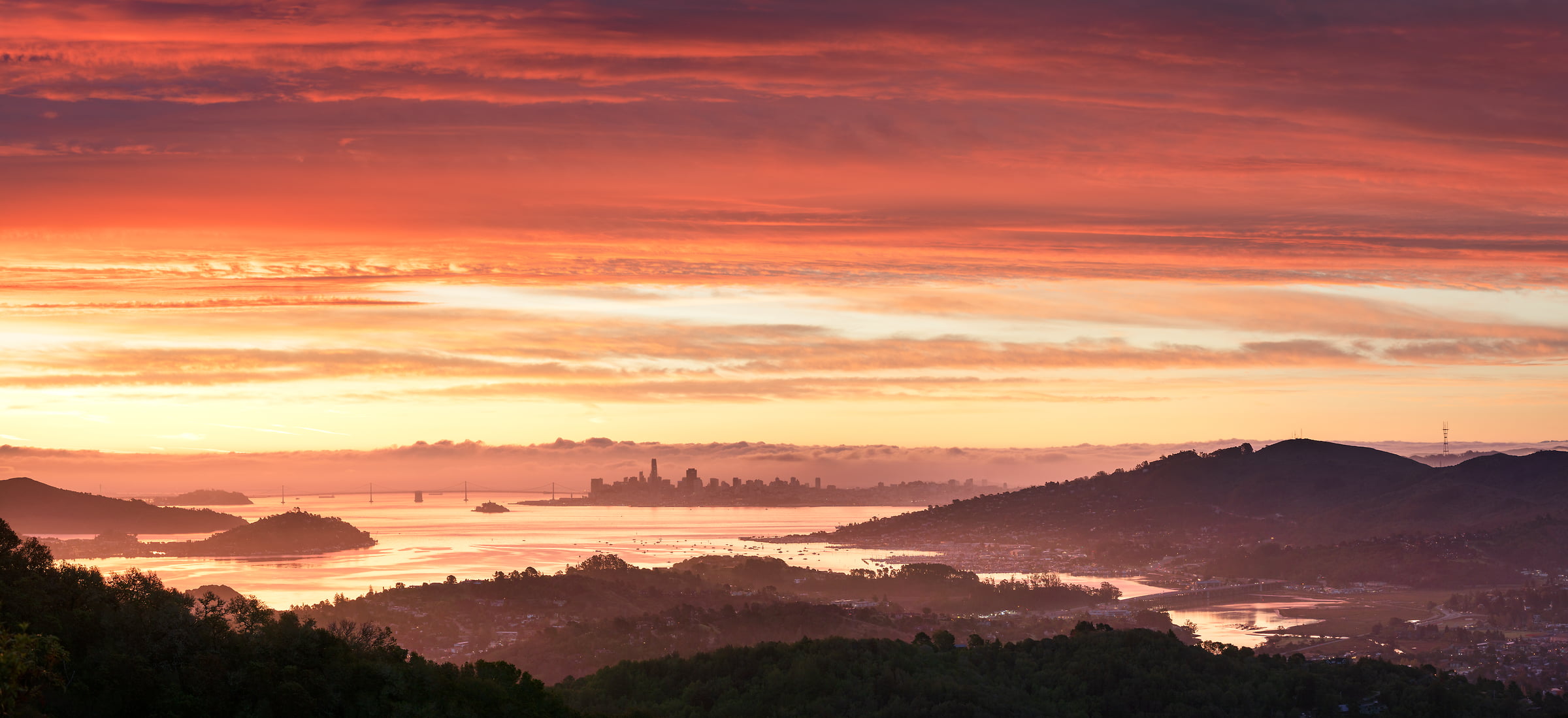 135 megapixels! A very high resolution, large-format VAST photo print of the San Francisco Bay at sunset with the San Francisco skyline and Bay Bridge; photograph created by Jeff Lewis in Marin County, California.