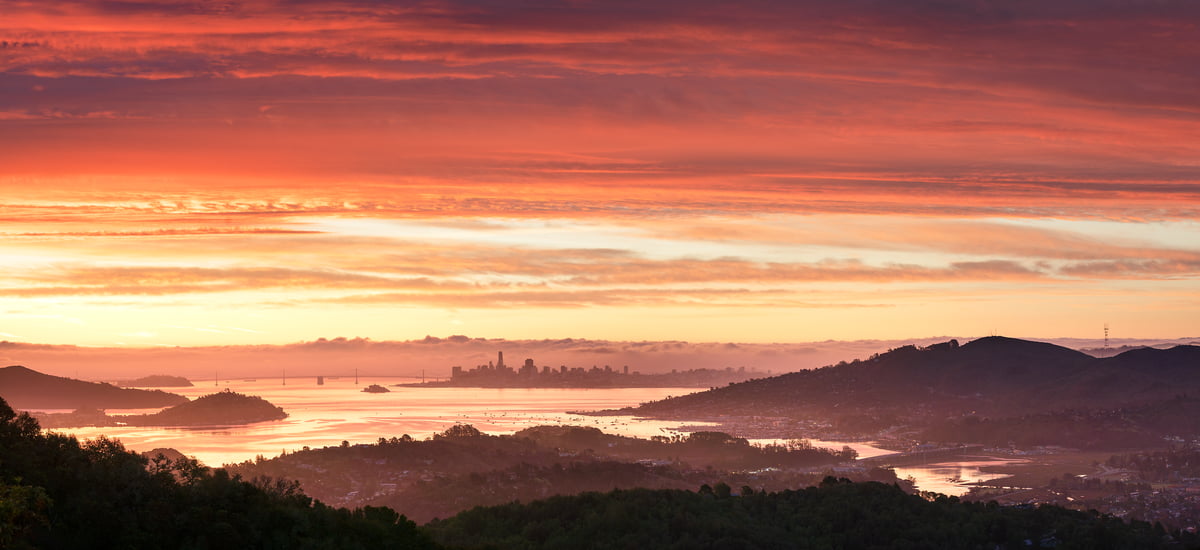135 megapixels! A very high resolution, large-format VAST photo print of the San Francisco Bay at sunset with the San Francisco skyline and Bay Bridge; photograph created by Jeff Lewis in Marin County, California.
