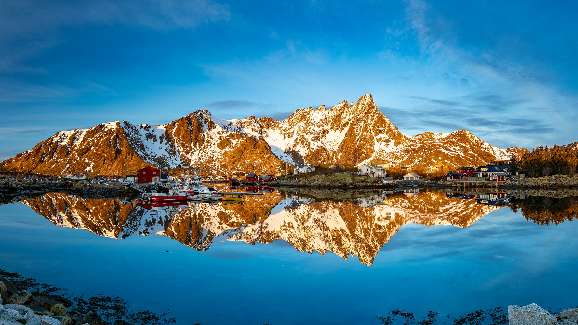 138 megapixels! A very high resolution, large-format VAST photo print of a fishing village near mountains; landscape photograph created by Roberto Moiola in Ballstad, Lofoten Islands, Norway.