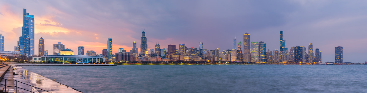 813 megapixels! A very high resolution, large-format VAST photo print of the Chicago skyline at sunset; cityscape photograph created by Chris Blake in Chicago, Illinois.