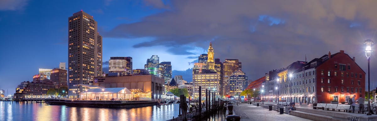405 megapixels! A very high resolution, large-format VAST photo print of Long Wharf in Boston with the city skyline in the background; photograph created by Jim Tarpo in Boston, Massachusetts.