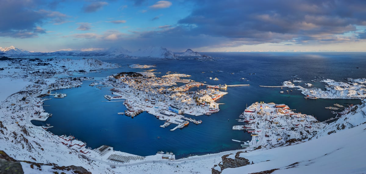 3,544 megapixels! A very high resolution, large-format VAST photo print of a landscape in Norway with a fishing village, mountains, snow, and the Atlantic ocean; photograph created by Martin Kulhavy in Ballstadheia, Ballstad, Norway.
