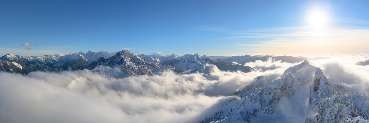 178 megapixels! A very high resolution, large-format VAST photo print of mountain peaks above the clouds; photograph created by Scott Rinckenberger from Bryant Peak Summit in the Alpine Lakes Wilderness, Washington.