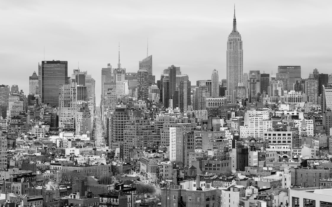 1,133 megapixels! A gray photo print of the New York City skyline; photograph created by Dan Piech in Manhattan, New York City.