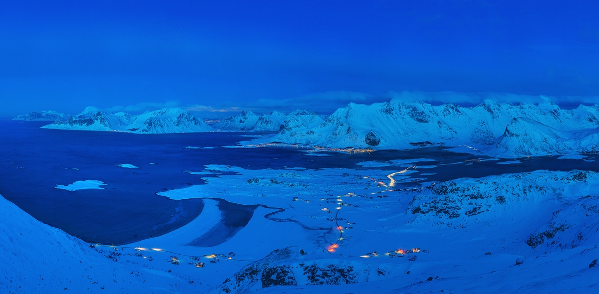 820 megapixels! A very high resolution, large-format VAST photo print of a winter night in the Arctic with snow, mountains, and the ocean; landscape photograph created by Martin Kulhavy in Ryten Mountain, Lofoten, Norway.