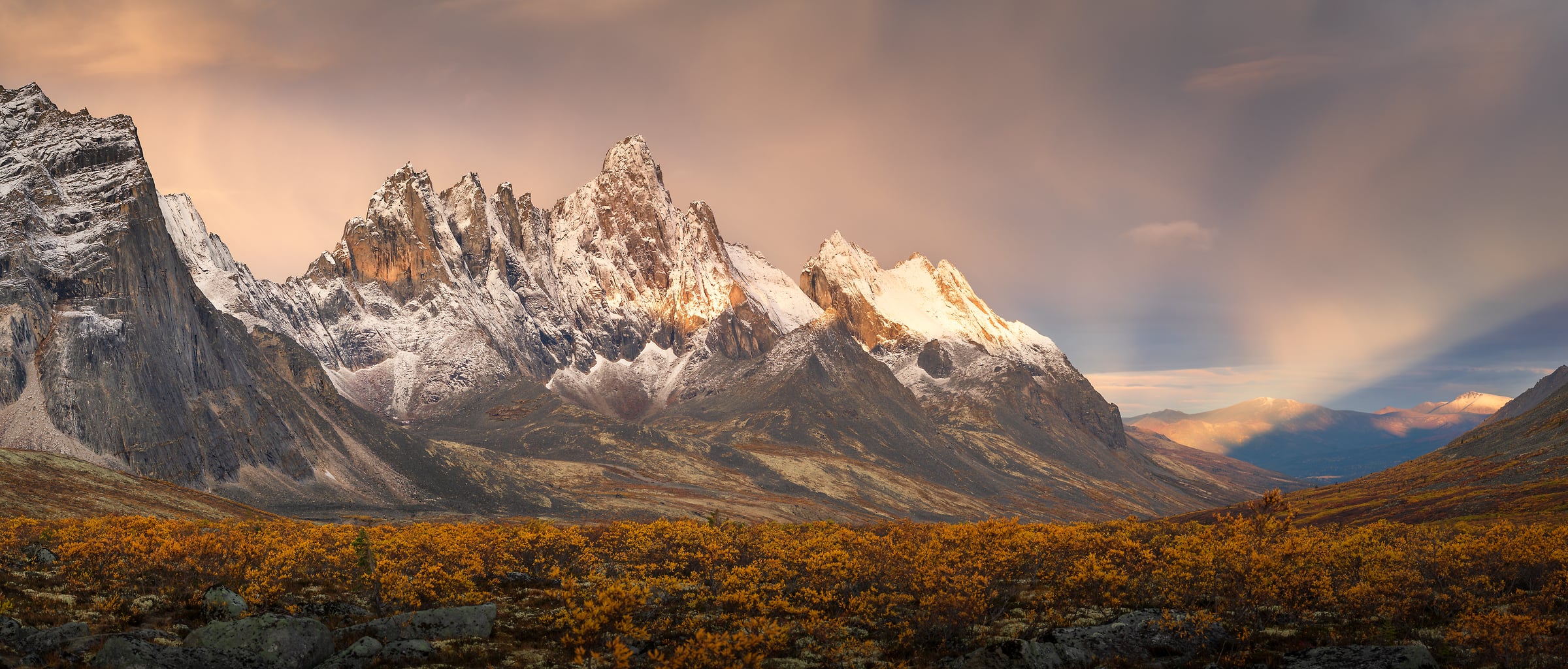 210 megapixels! A very high resolution, large-format VAST photo print of an epic mountain range at sunset; landscape photograph created by Jeff Lewis in Tombstone Territorial Park, Yukon, Canada.