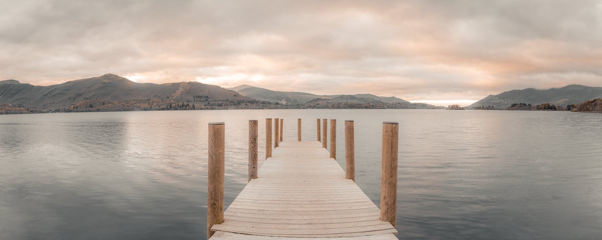 164 megapixels! A very high resolution, large-format VAST photo print of a peaceful lake scene with a pier; photograph created by Assaf Frank at Derwentwater Lak in Keswick, United Kingdom.