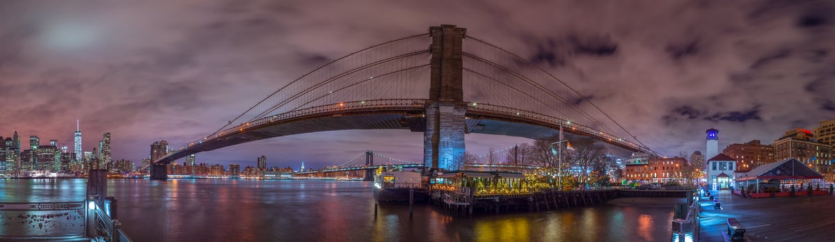 231 megapixels! A very high resolution, large-format panorama photo print of the Brooklyn Bridge at night; photograph created by Assaf Frank in New York City.