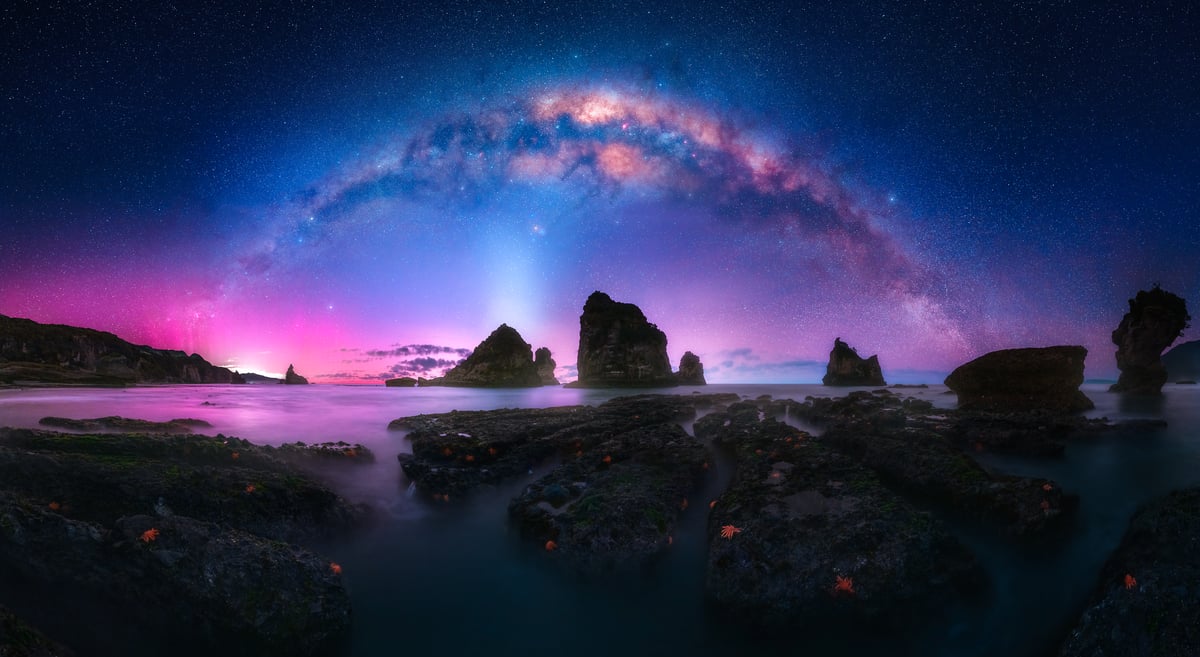 399 megapixels! A very high resolution, large-format VAST photo print of a magical scene with the Milky Way in the night sky over a beach with impressive rock formations; photograph created by Paul Wilson at Motukiekie Beach in West Coast, New Zealand.