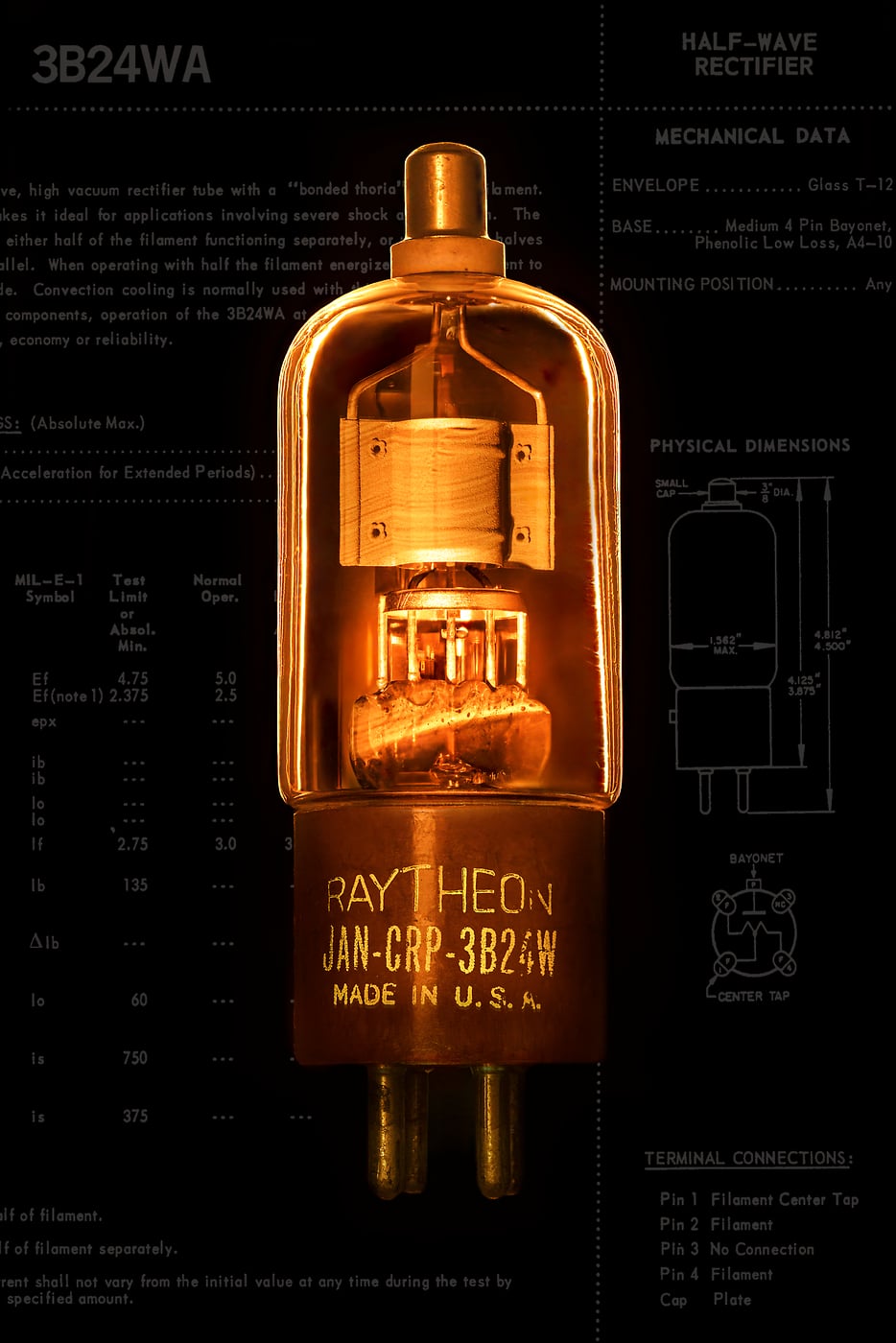 101 megapixels! A very high resolution, large-format artwork of a vacuum tube and its data specification sheet. Photograph created by Scott Dimond.