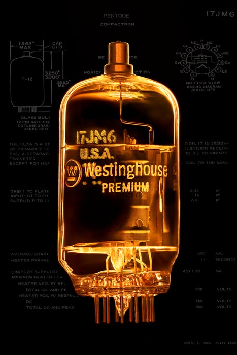 101 megapixels! A very high resolution, large-format VAST photo print representing computer history art. Photograph of a vacuum tube and its data specification sheet created by Scott Dimond.