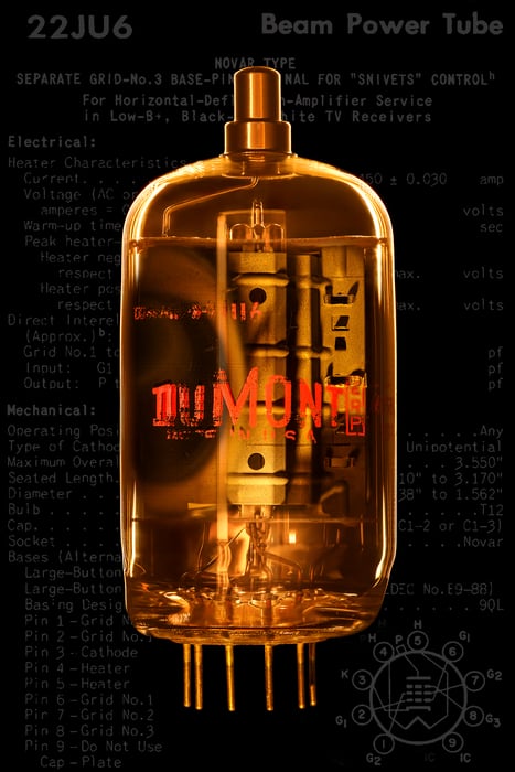 101 megapixels! A very high resolution, large-format artwork of vintage technology. Photograph of a vacuum tube and its data specification sheet created by Scott Dimond.