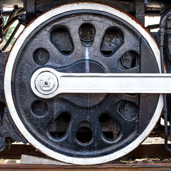 166 megapixels! A very high resolution, artistic photo of a train wheel; fine art photograph created by Beyti Barbaros at the Steamtown Museum in Scranton, Pennsylvania.
