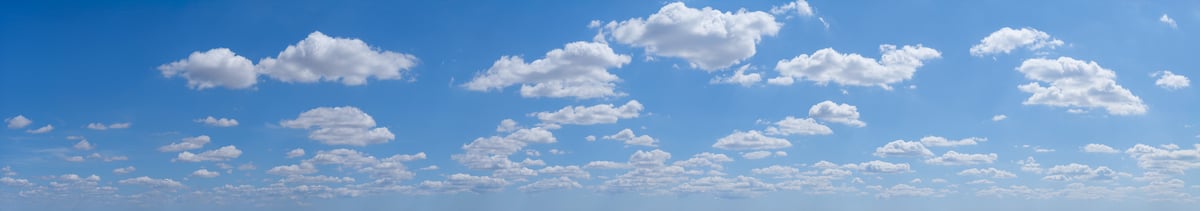 512 megapixels! A very high resolution, panorama photo of a beautiful blue sky with idyllic, puffy white clouds; stock photograph created by Assaf Frank; available to be licensed and downloaded.