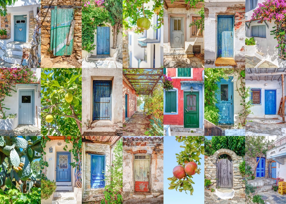 1,694 megapixels! A very high resolution, large-format fine art photo print of Mediterranean architecture, featuring various doors; collage photograph created by Assaf Frank in Chora Village, Alonissos, Greece.