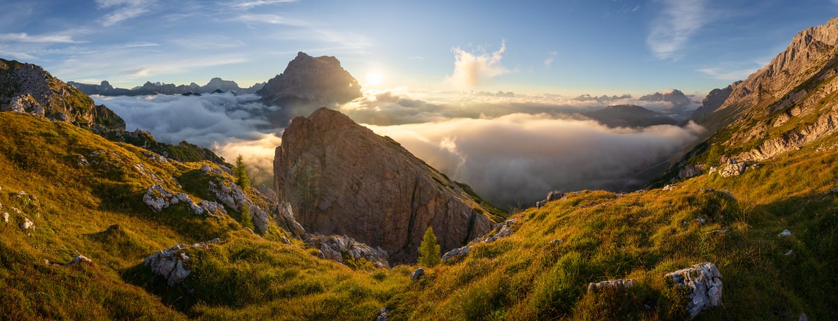 212 megapixels! A very high resolution, large-format landscape photo print of an alpine scene with mountains and valleys filled with clouds at sunrise; panorama photograph created by Jeff Lewis in Cortina d'Ampezzo, Italy.