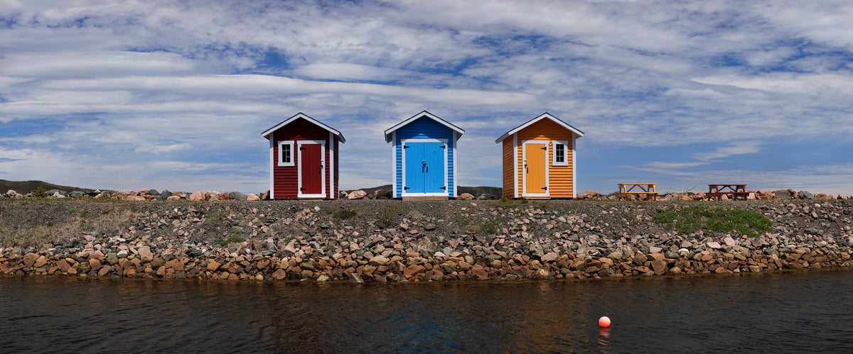 1,107 megapixels! A very high resolution, large-format VAST photo print of three fishing stages on the shore of a bay; fine art photograph created by Scott Dimond in Trinity Bay, Newfoundland, Canada.