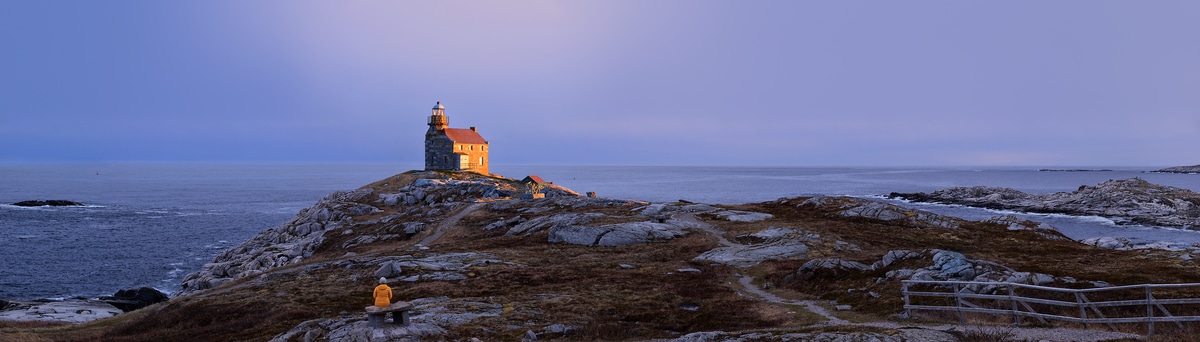 1,009 megapixels! A very high resolution, large-format VAST photo print of a seascape scene in Newfoundland, Canada with the Rose Blanche lighthouse illuminated by sunset on the rocks of the seashore; landscape photograph created by Scott Dimond.