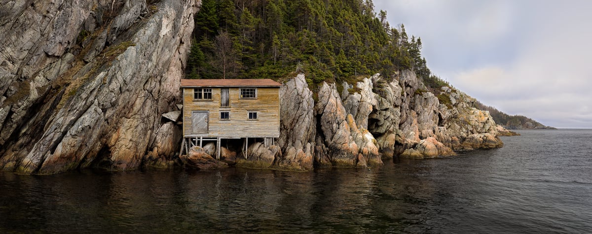 1,561 megapixels! A very high resolution, large-format VAST photo print of a mysterious coastline with an abandoned house on a rocky seashore; seascape photograph created by Scott Dimond in Shoe Cove, Baie Verte Peninsula, Newfoundland and Labrador, Canada.